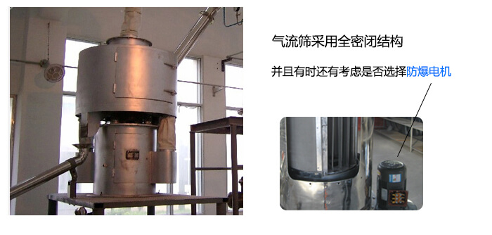 氣流篩采用全密閉結(jié)構(gòu)并且有時還有考慮是否選擇防爆電機(jī)。